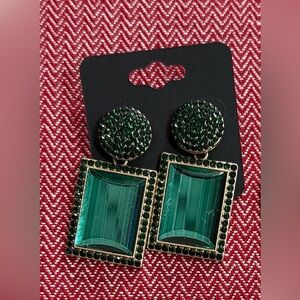 Green Gem Statement Earrings Gold Trim Boutique Style